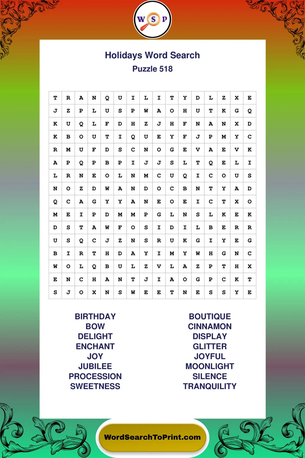 Holidays Word Search Puzzle 518