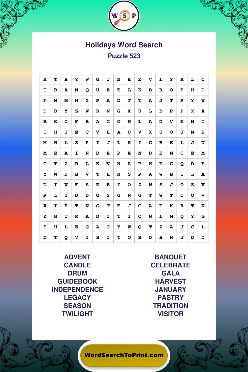 Holidays Word Search Puzzle 523