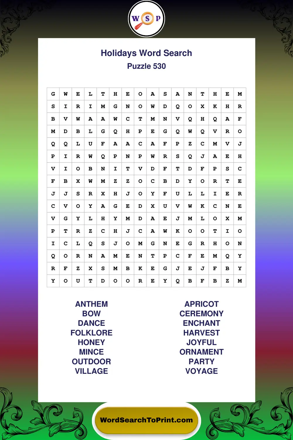 Holidays Word Search Puzzle 530