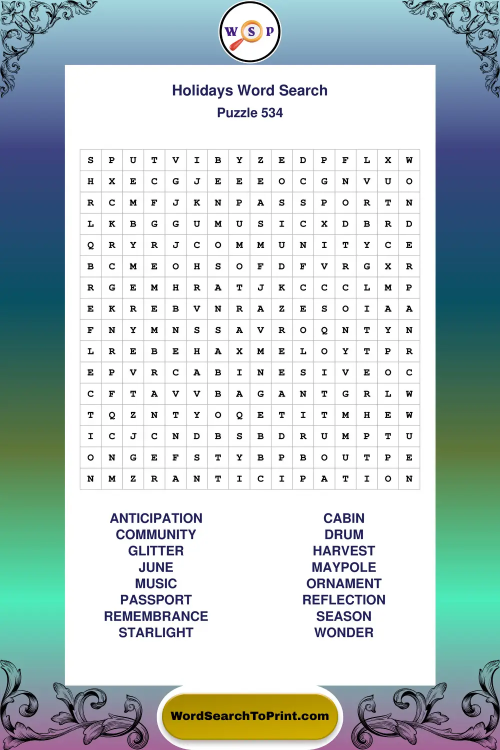 Holidays Word Search Puzzle 534