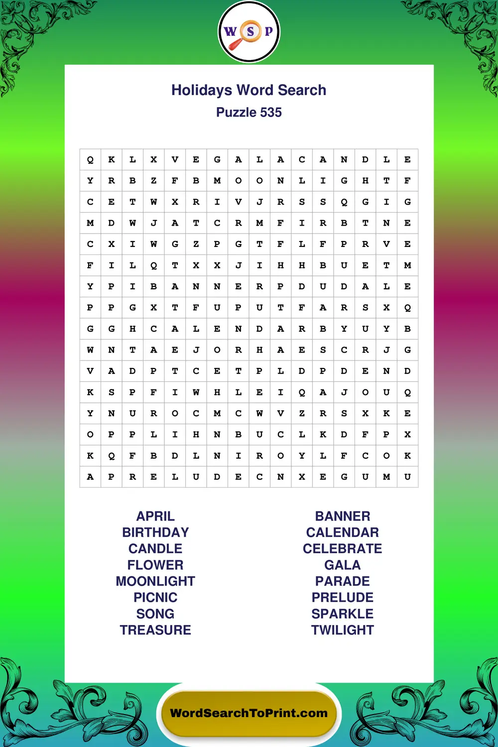 Holidays Word Search Puzzle 535