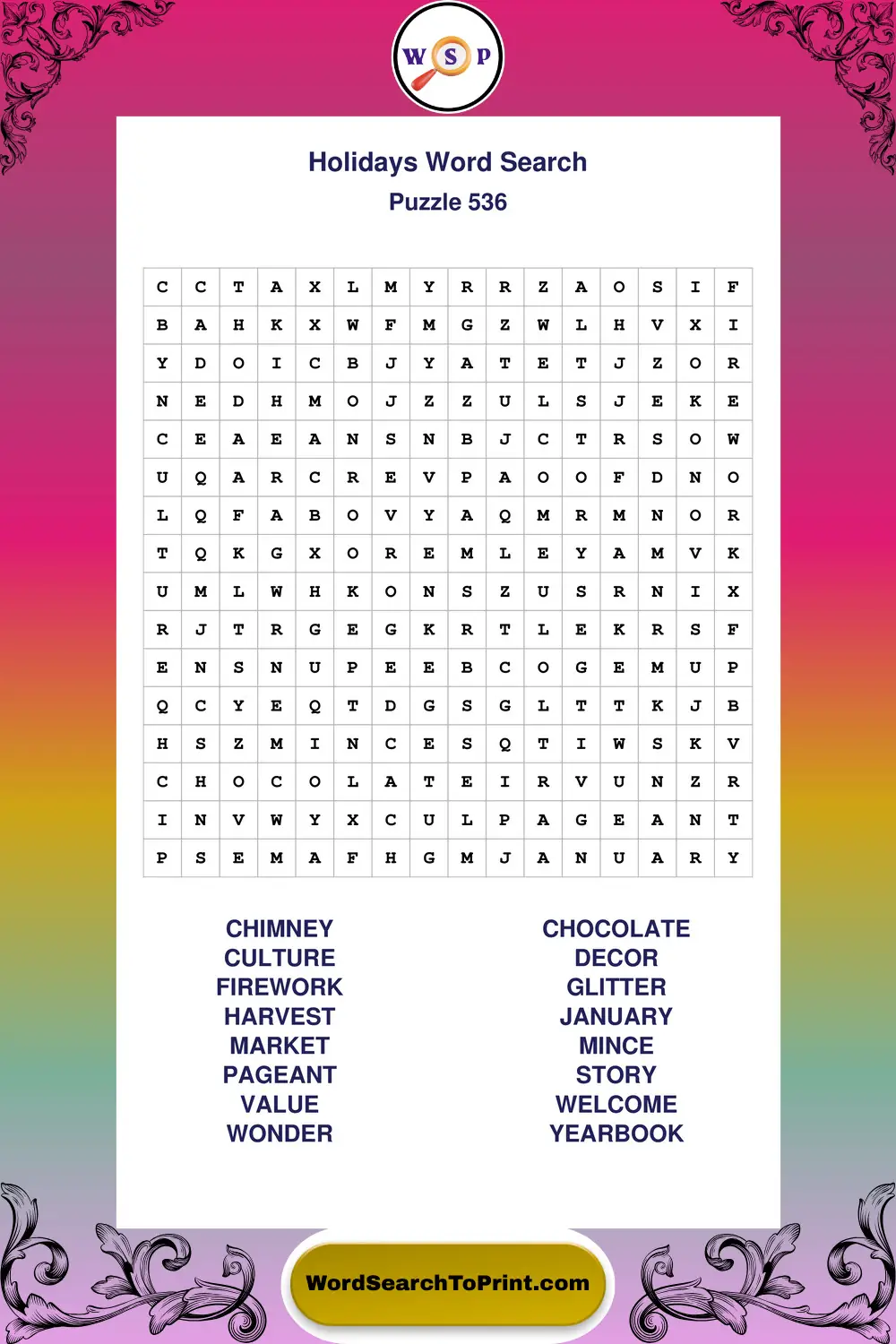 Holidays Word Search Puzzle 536