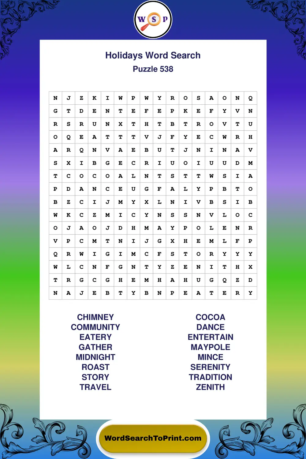 Holidays Word Search Puzzle 538
