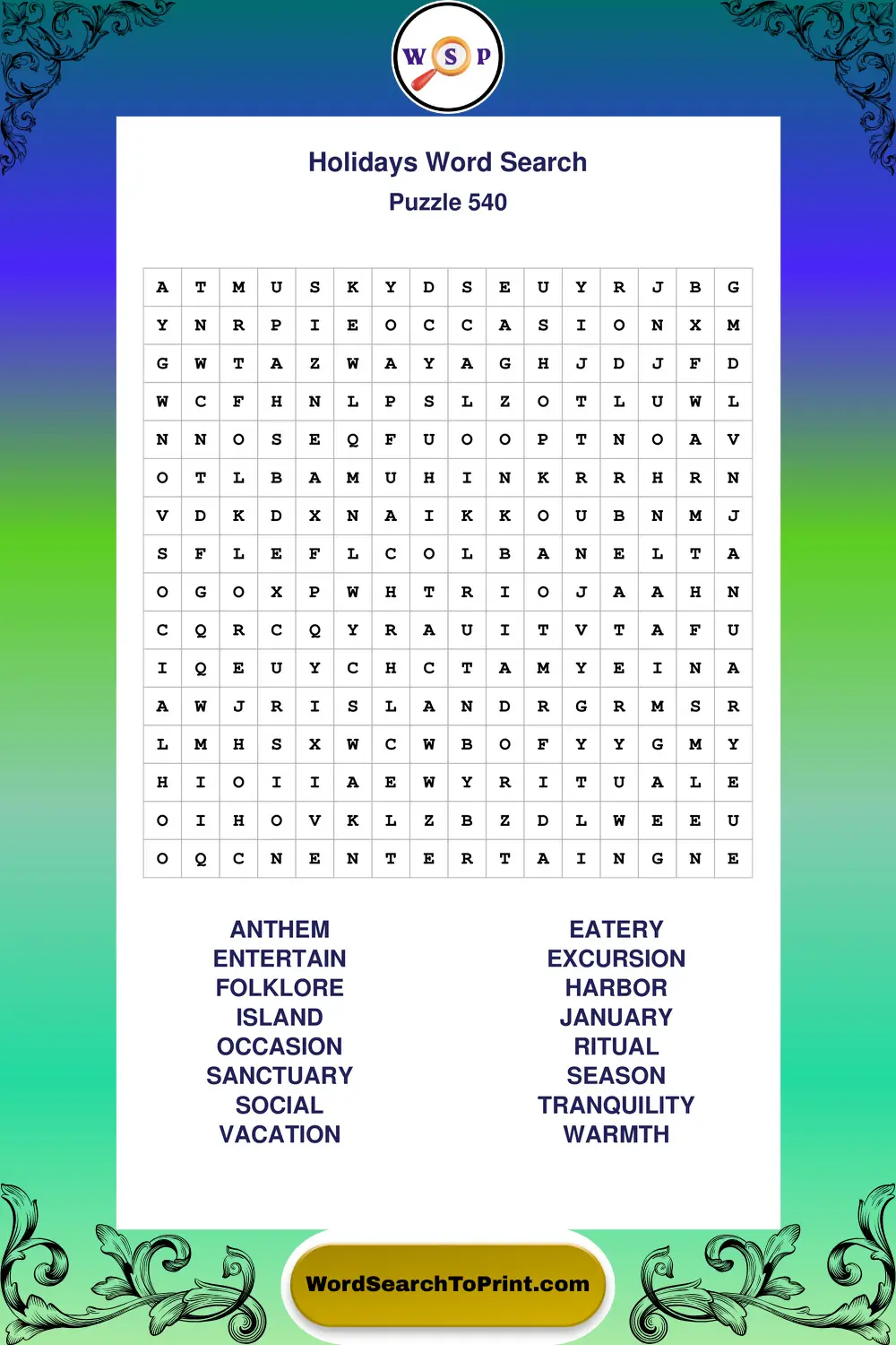 Holidays Word Search Puzzle 540