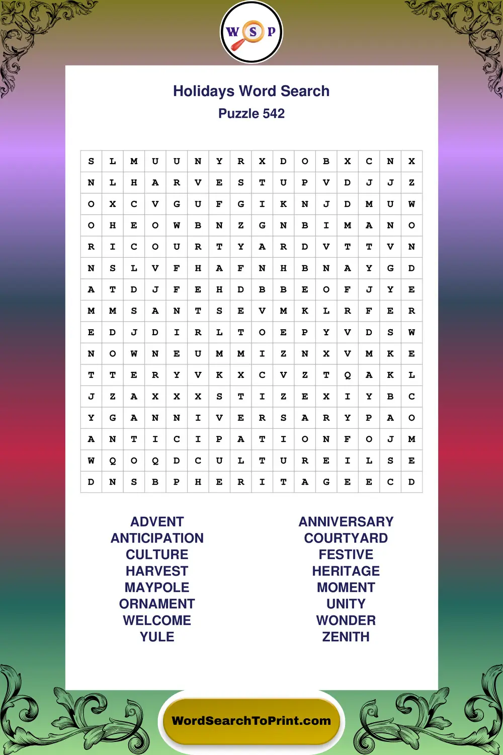 Holidays Word Search Puzzle 542