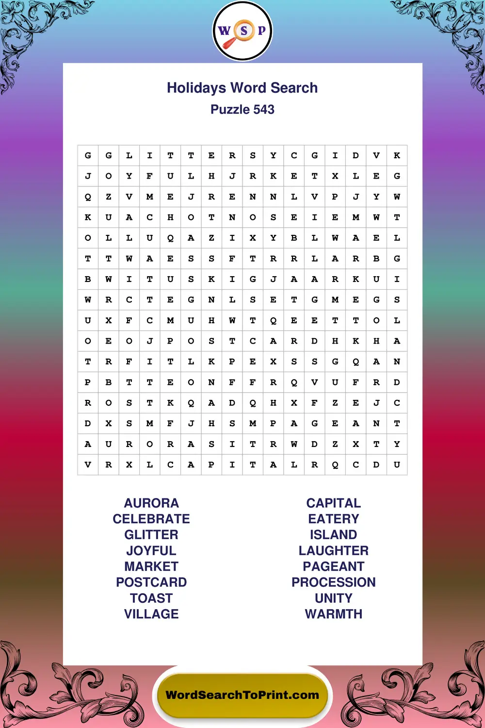 Holidays Word Search Puzzle 543