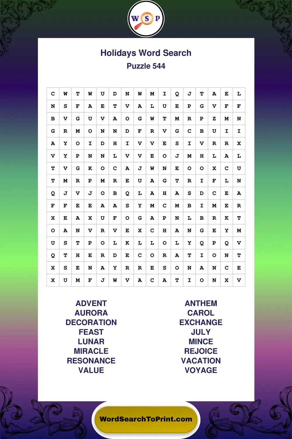 Holidays Word Search Puzzle 544