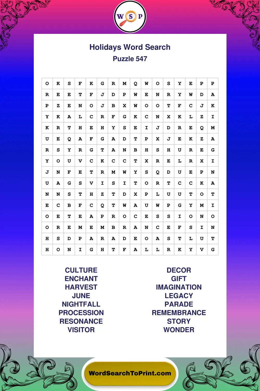 Holidays Word Search Puzzle 547