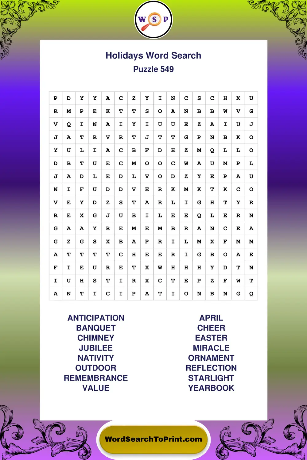 Holidays Word Search Puzzle 549