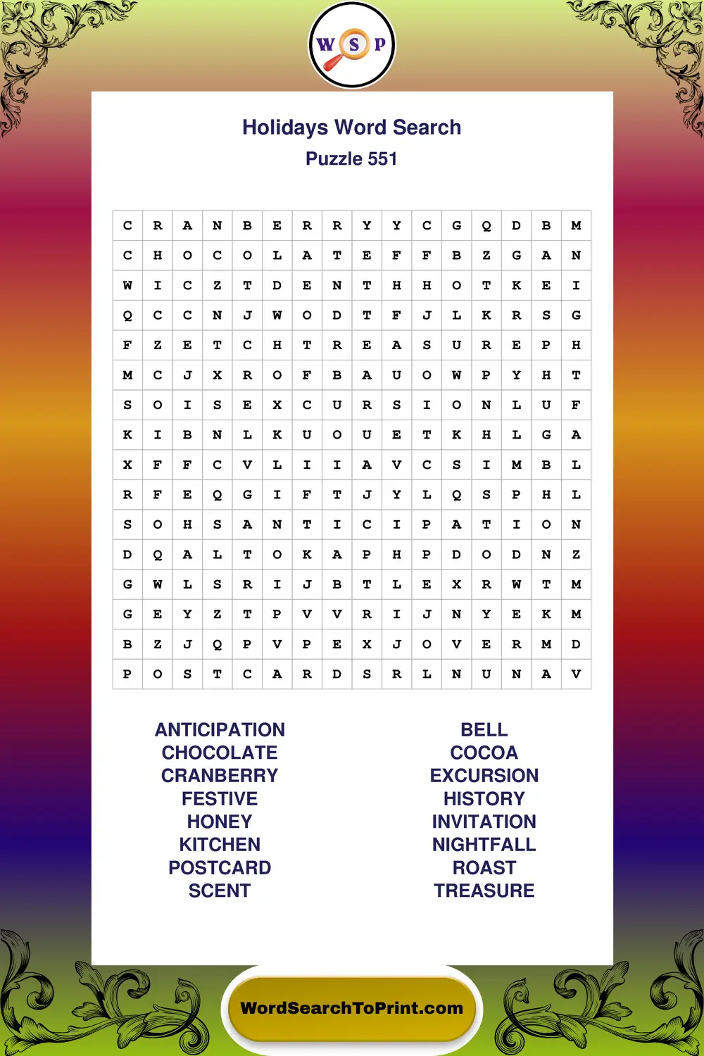 Holidays Word Search Puzzle 551