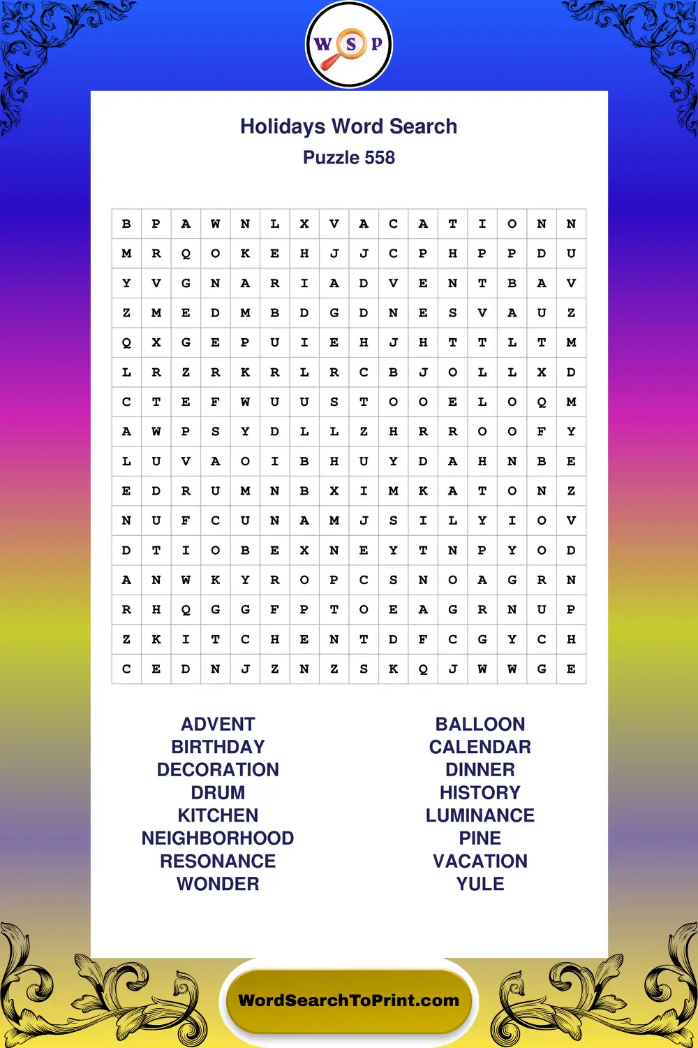 Holidays Word Search Puzzle 558