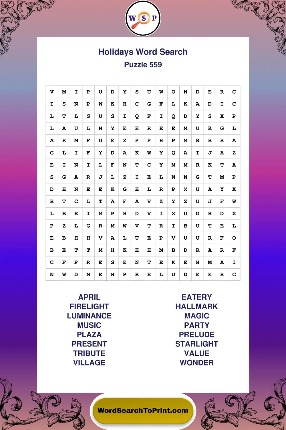 Holidays Word Search Puzzle 559