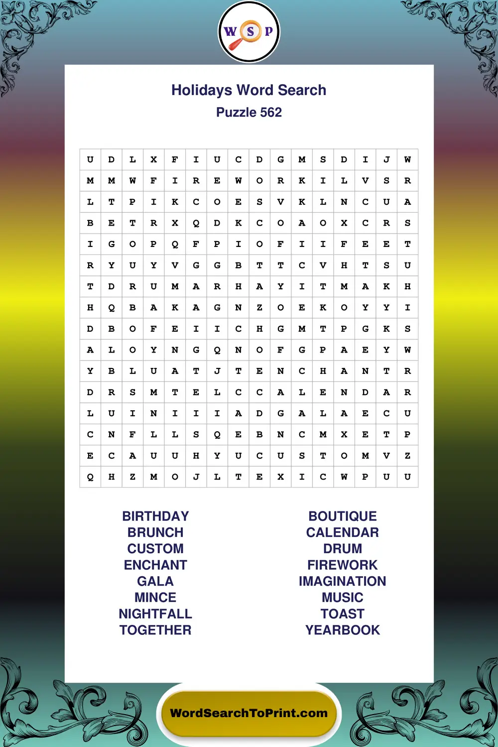Holidays Word Search Puzzle 562