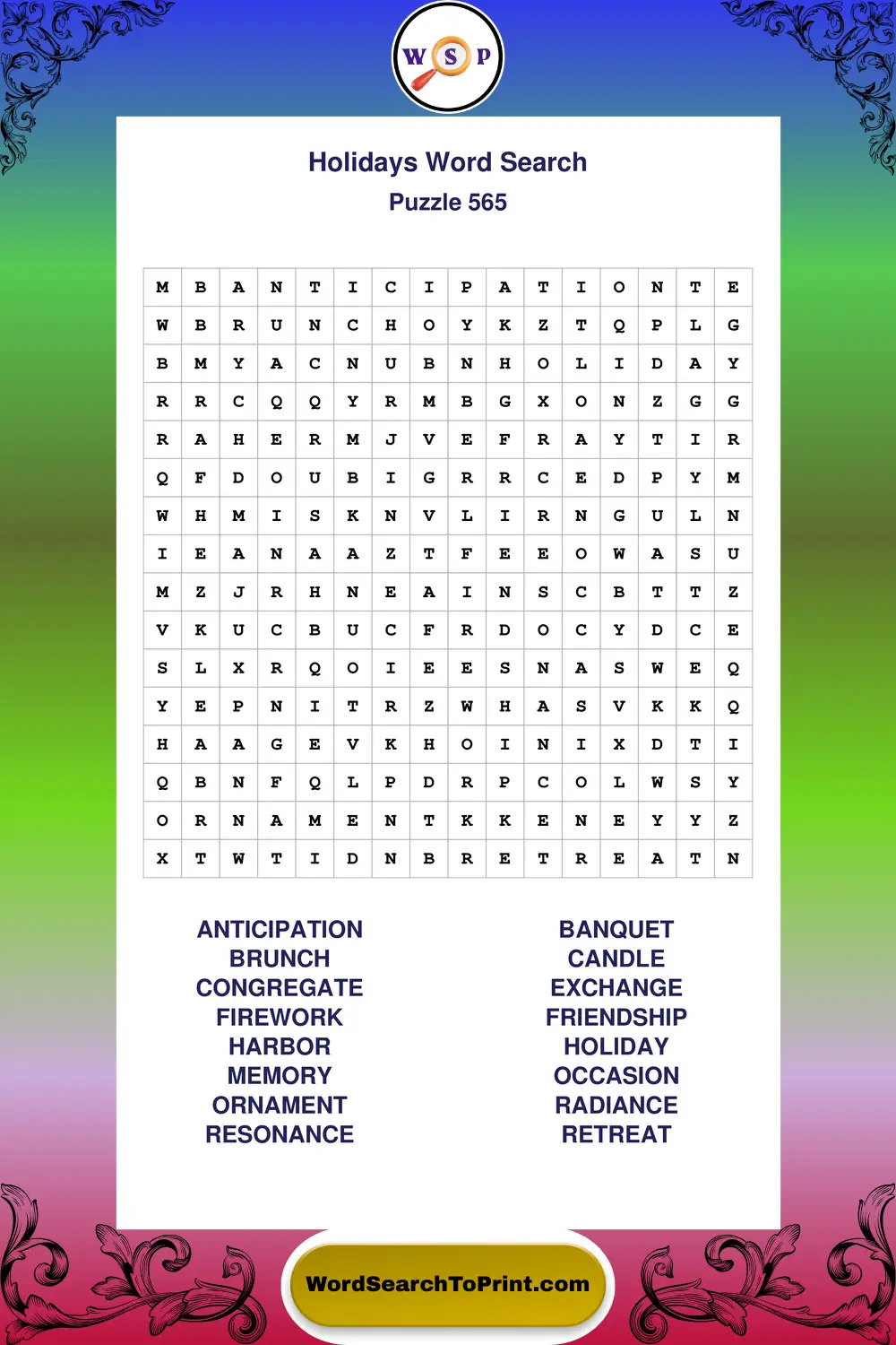 Holidays Word Search Puzzle 565