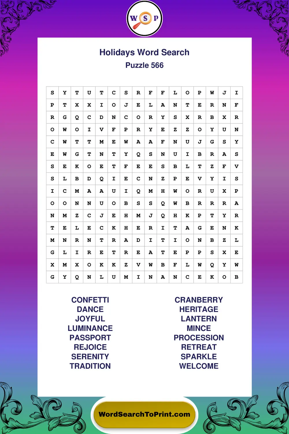 Holidays Word Search Puzzle 566