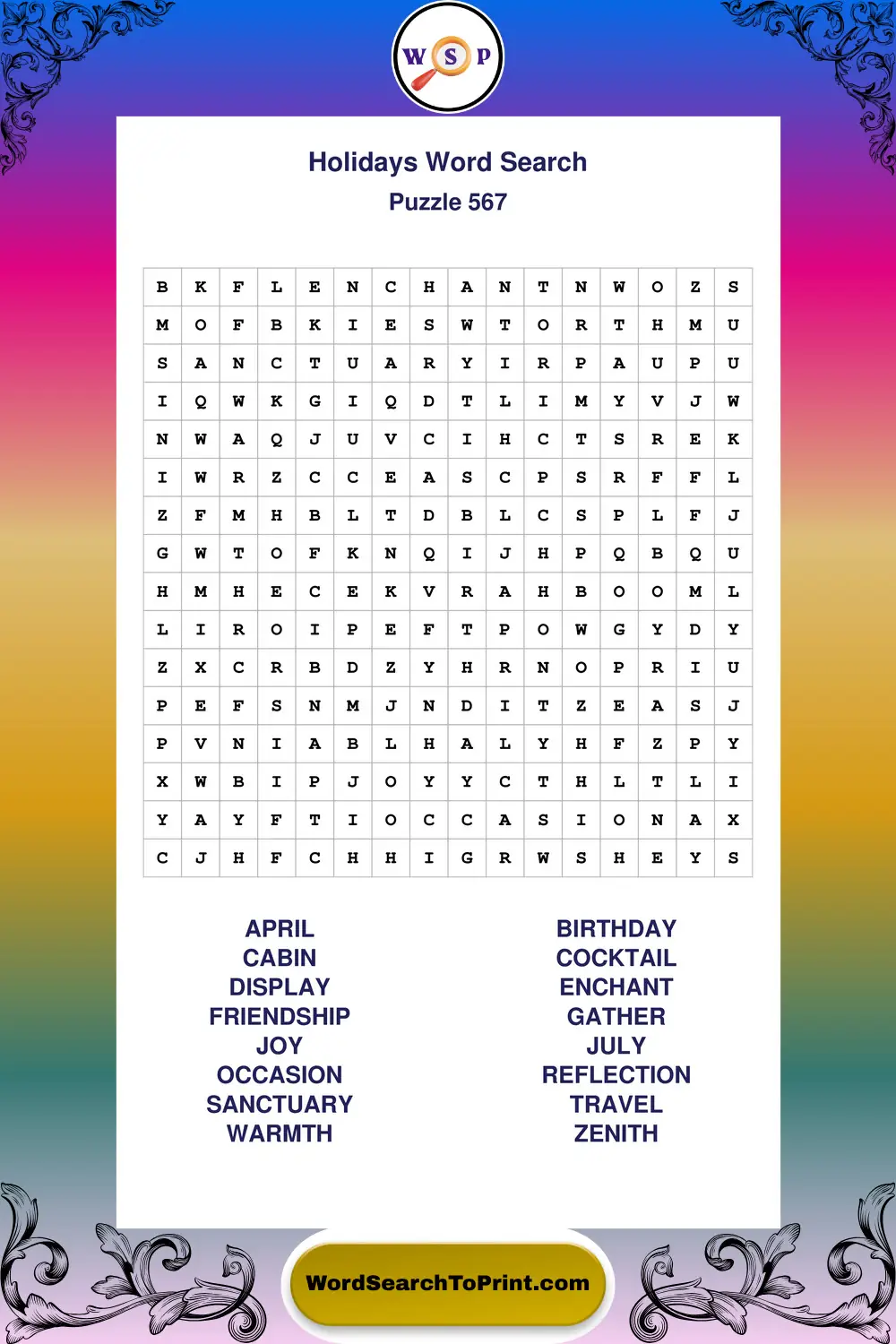 Holidays Word Search Puzzle 567