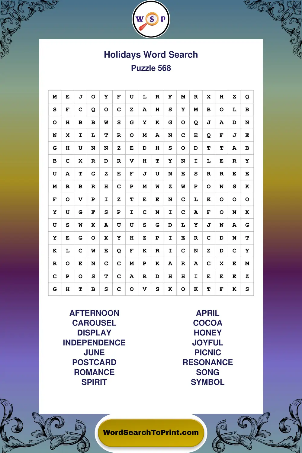 Holidays Word Search Puzzle 568
