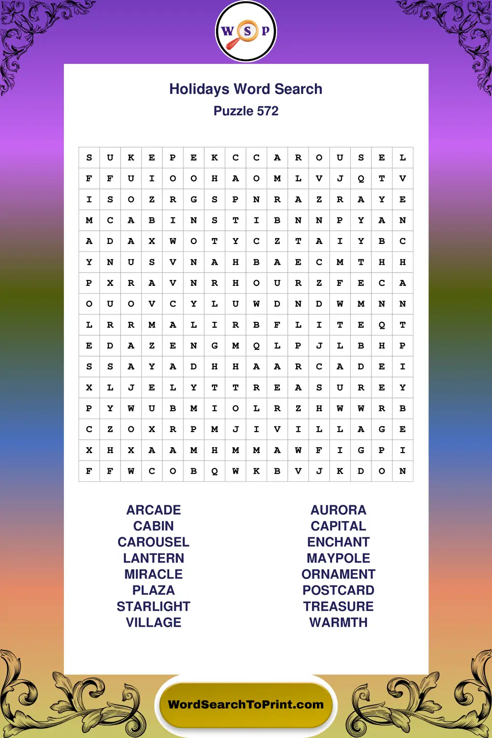 Holidays Word Search Puzzle 572