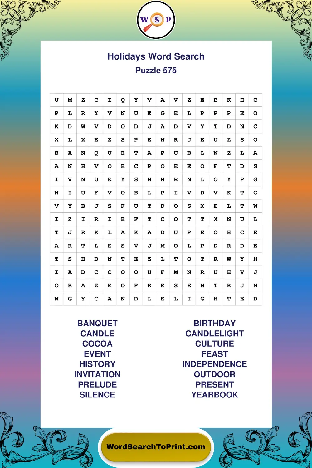 Holidays Word Search Puzzle 575