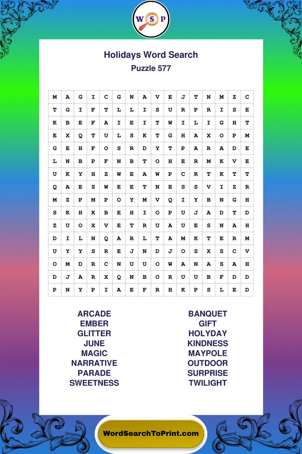 Holidays Word Search Puzzle 577