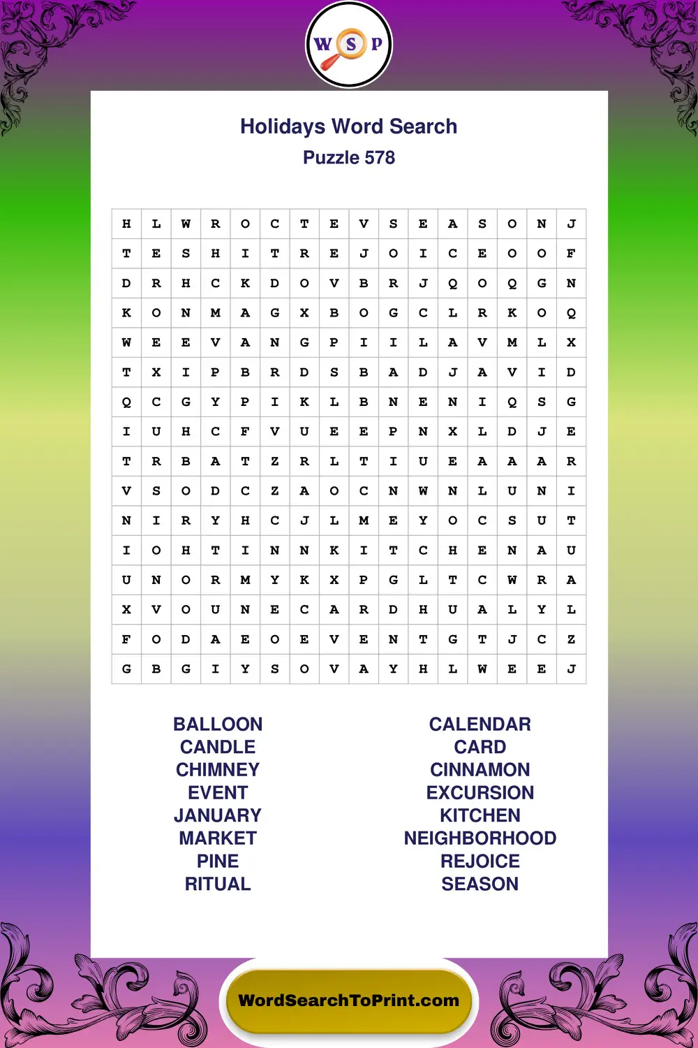 Holidays Word Search Puzzle 578