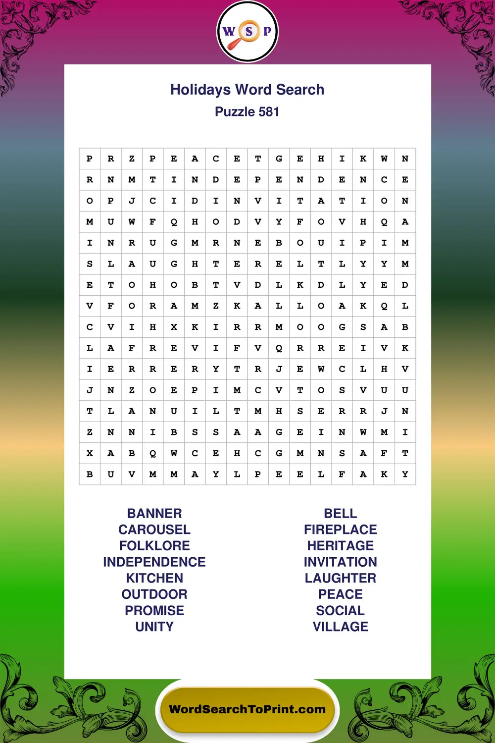 Holidays Word Search Puzzle 581