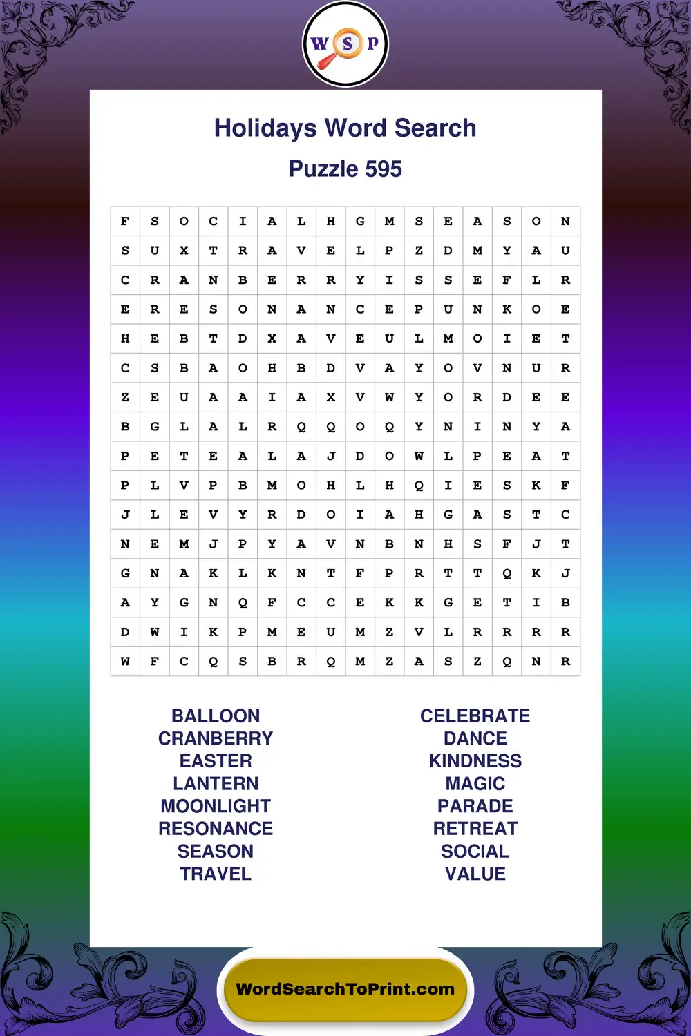 Holidays Word Search Puzzle 595