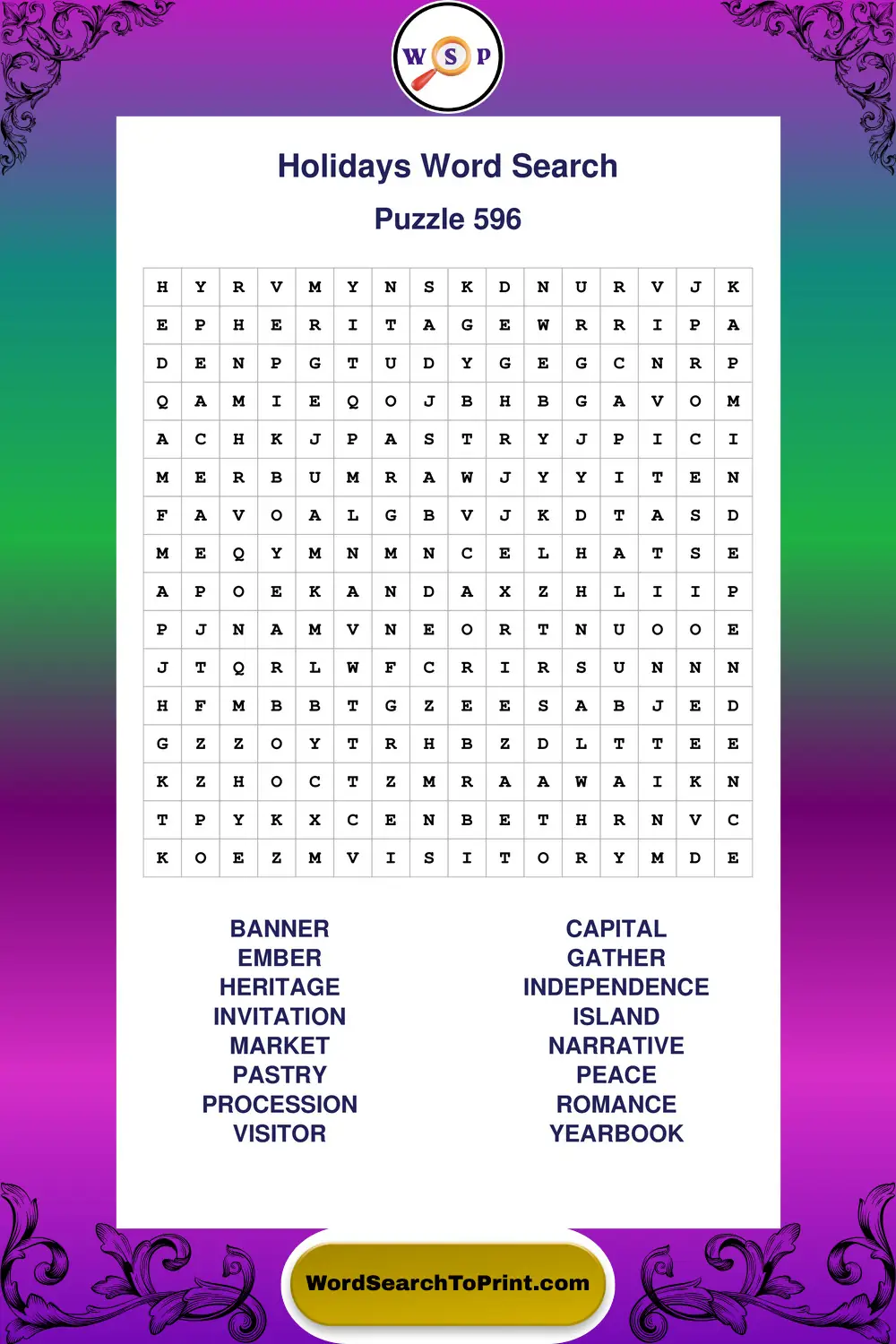 Holidays Word Search Puzzle 596