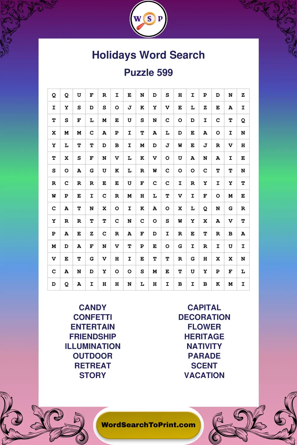 Holidays Word Search Puzzle 599