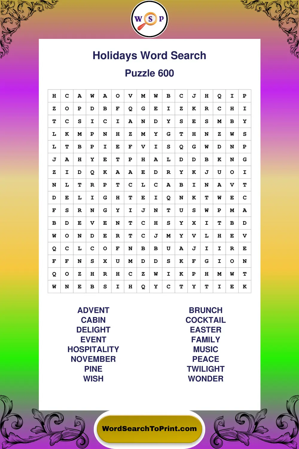 Holidays Word Search Puzzle 600