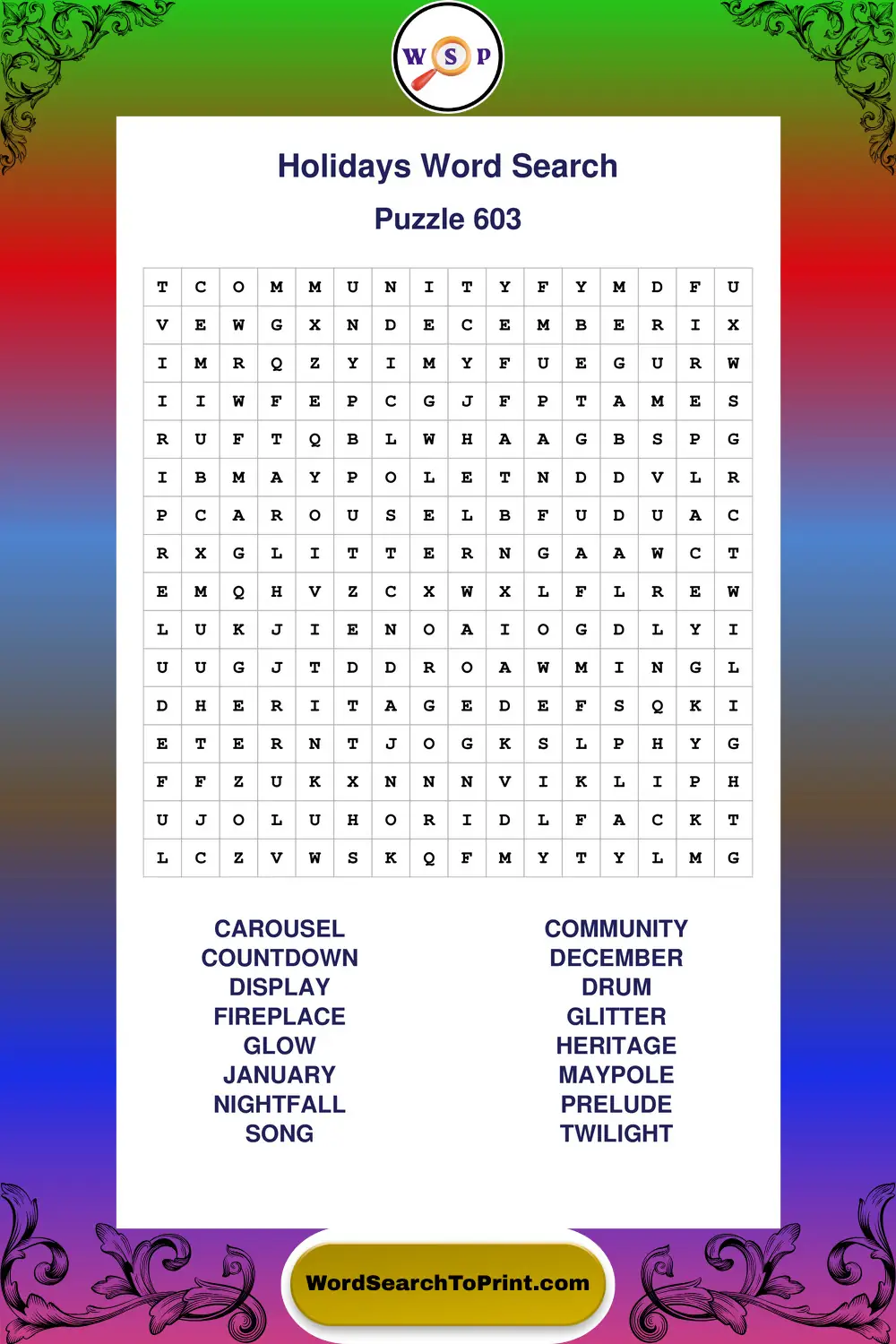 Holidays Word Search Puzzle 603