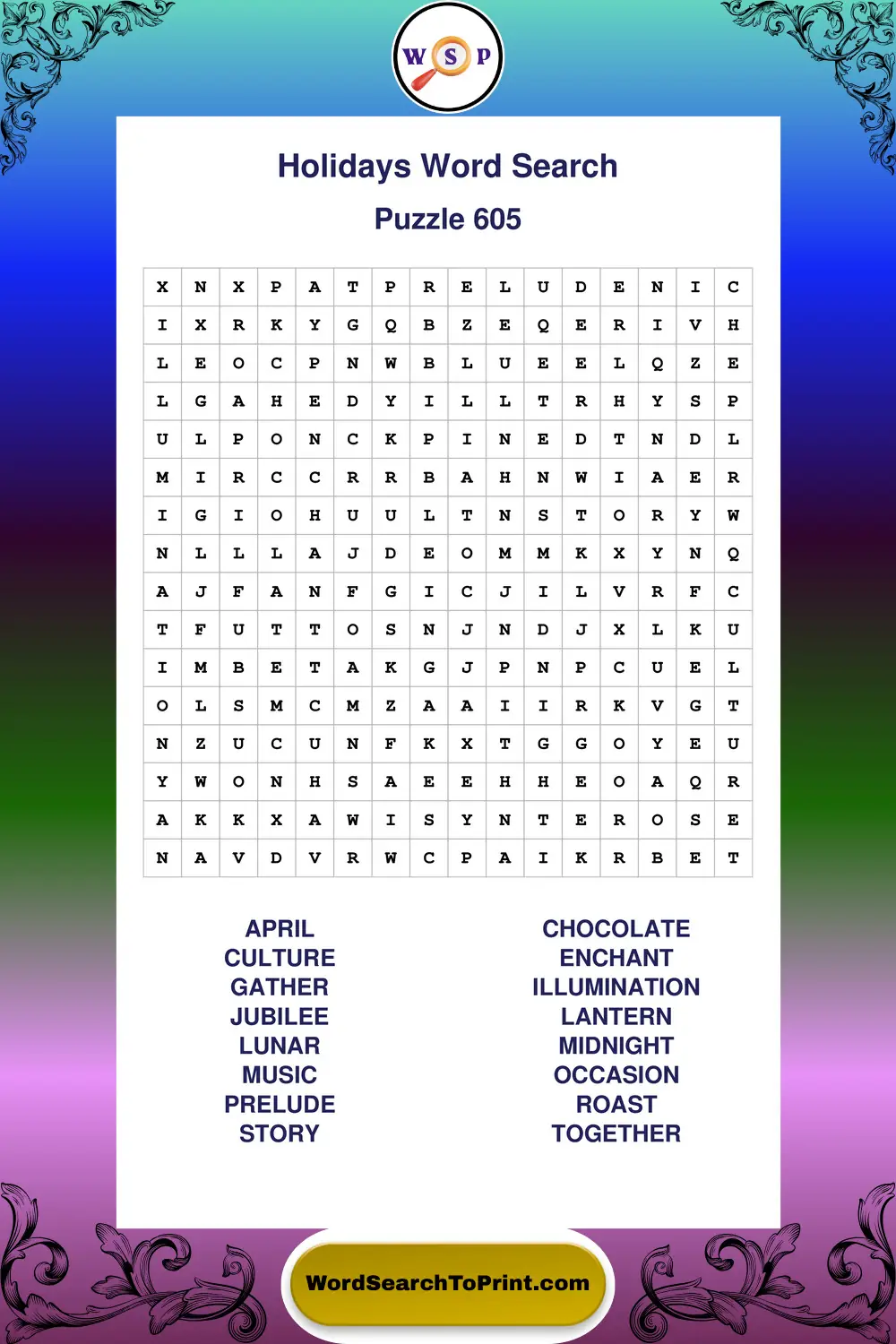 Holidays Word Search Puzzle 605