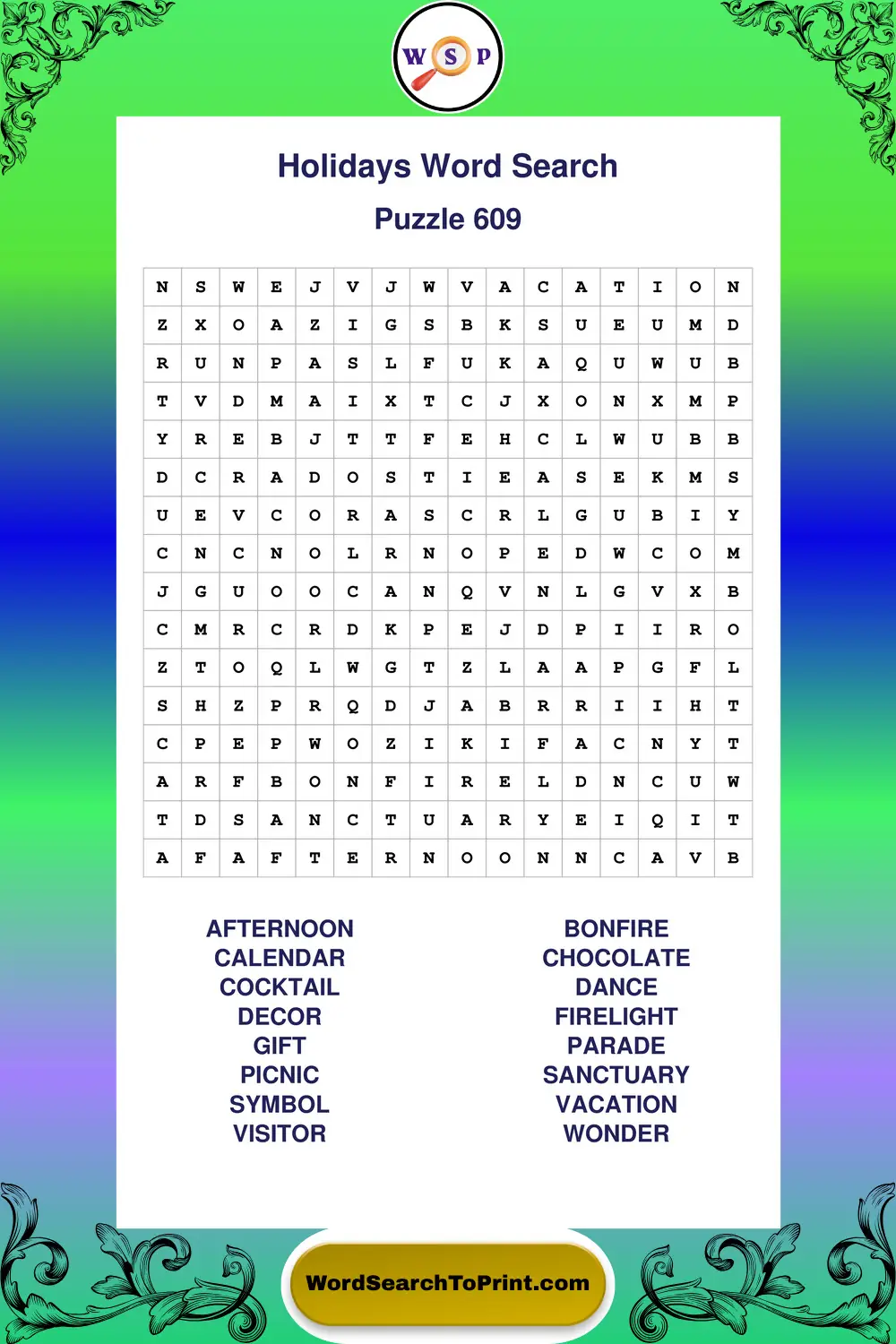 Holidays Word Search Puzzle 609