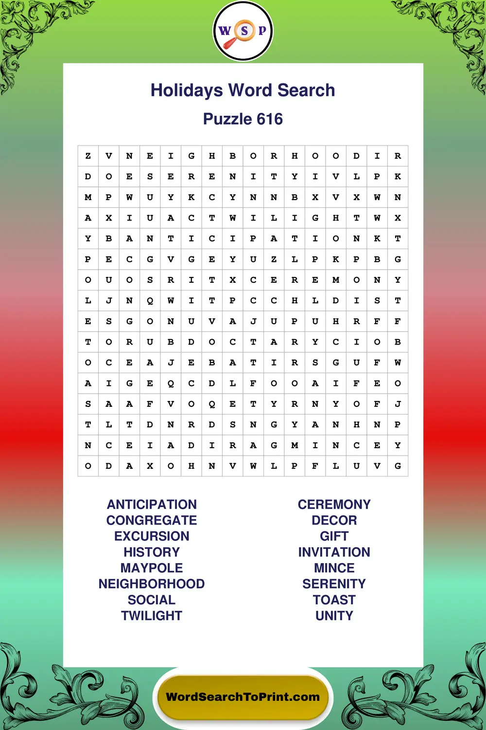 Holidays Word Search Puzzle 616