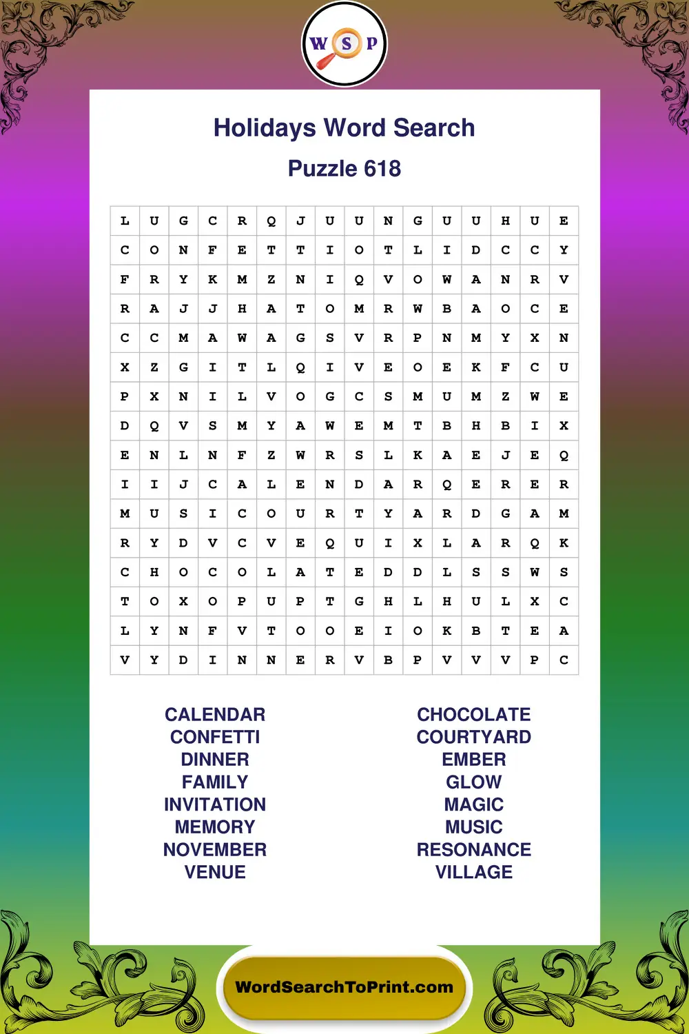Holidays Word Search Puzzle 618