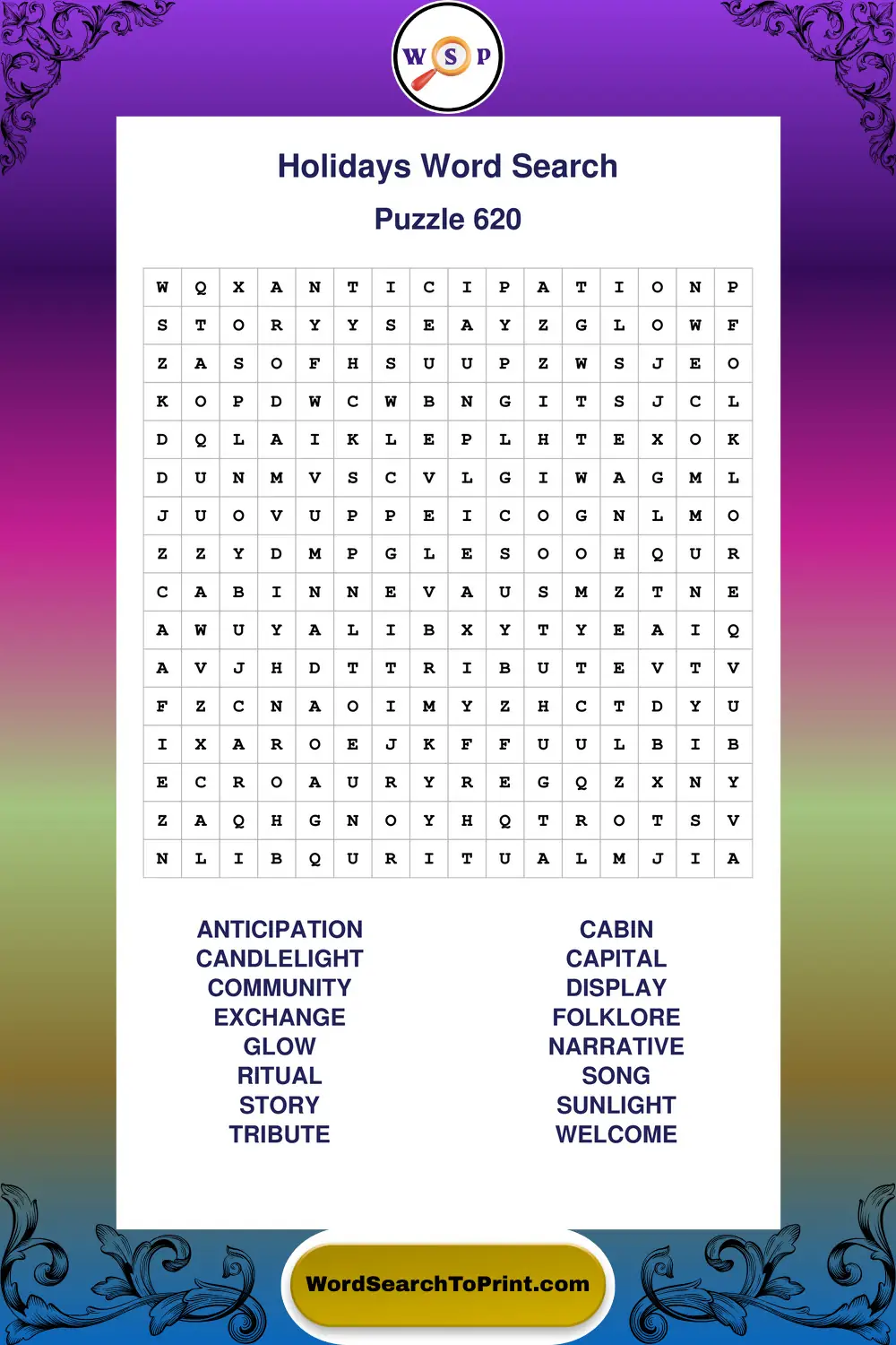Holidays Word Search Puzzle 620