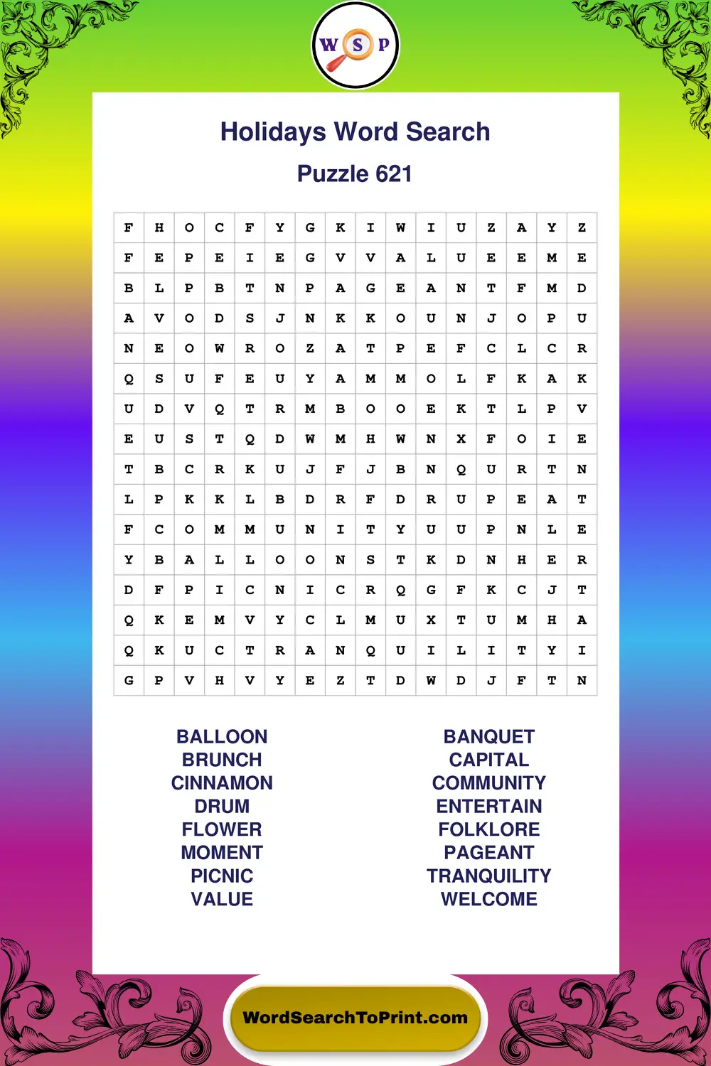 Holidays Word Search Puzzle 621