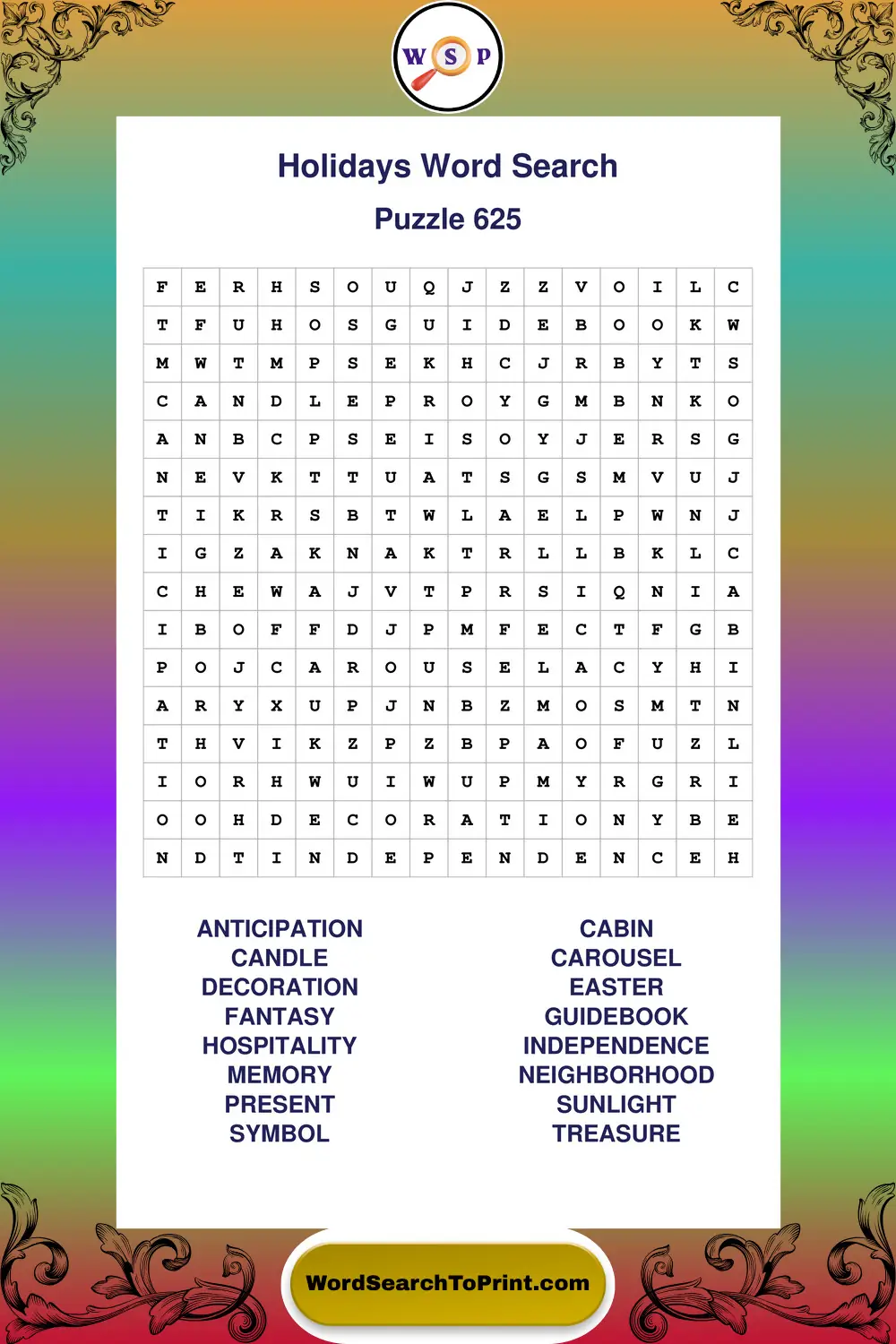 Holidays Word Search Puzzle 625