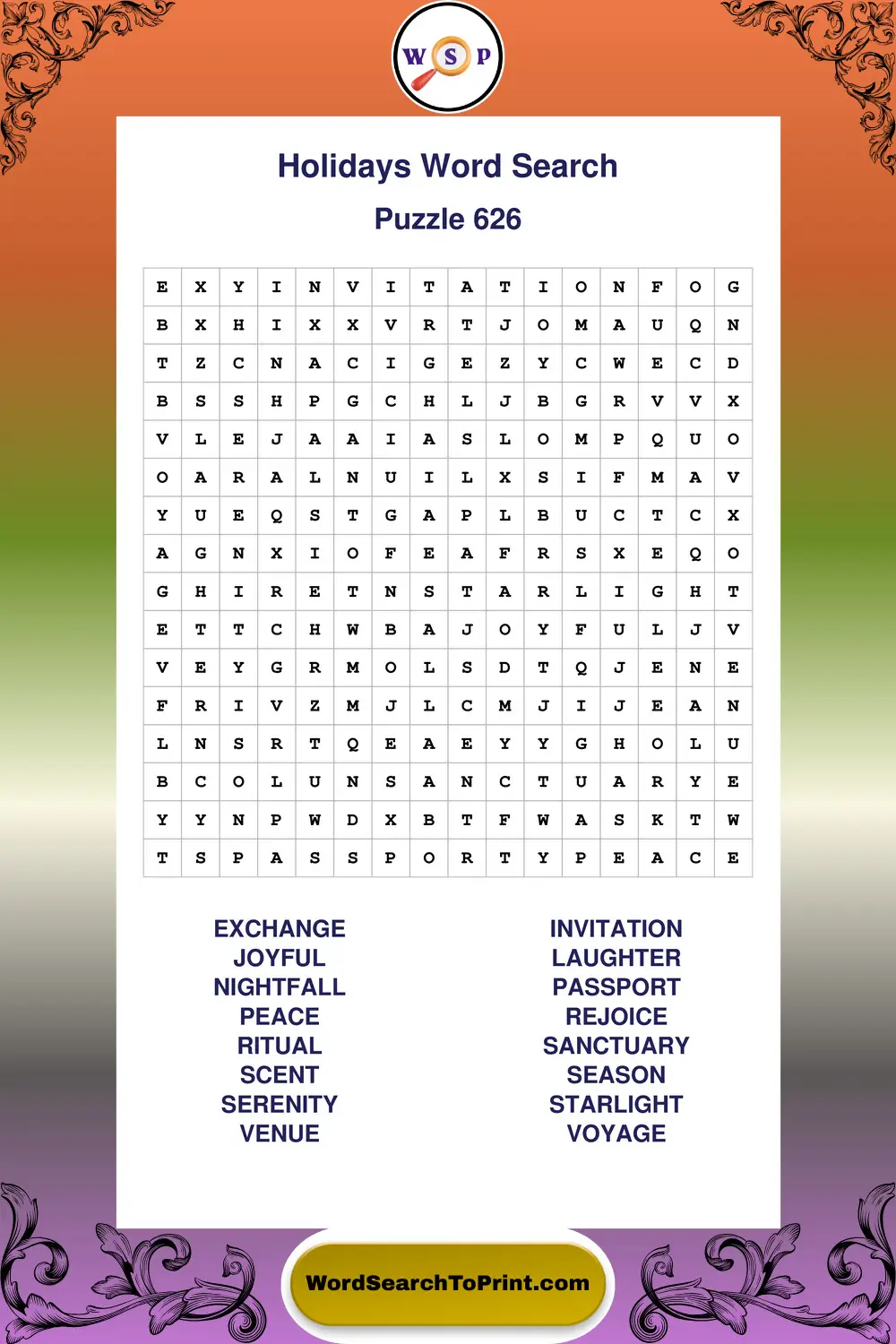 Holidays Word Search Puzzle 626