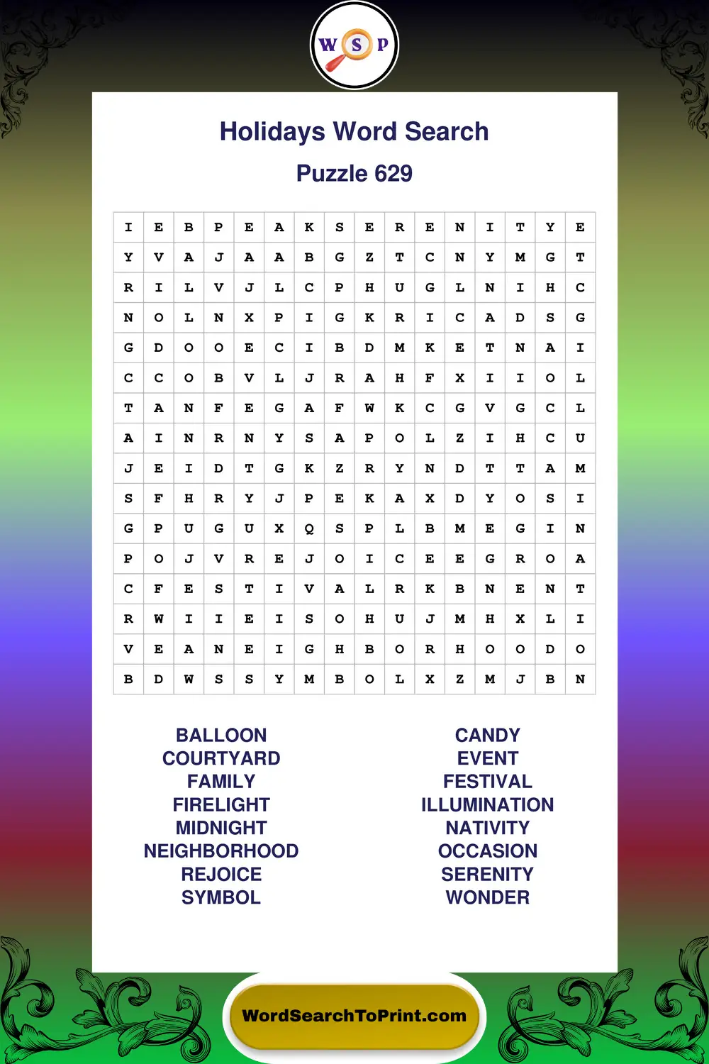 Holidays Word Search Puzzle 629