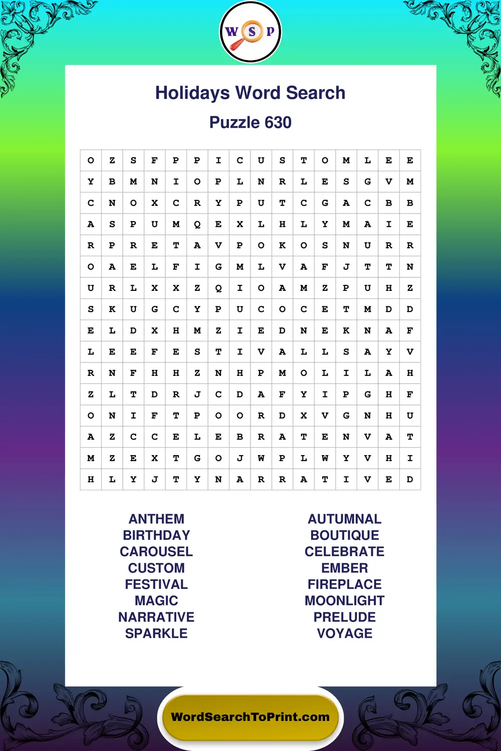 Holidays Word Search Puzzle 630