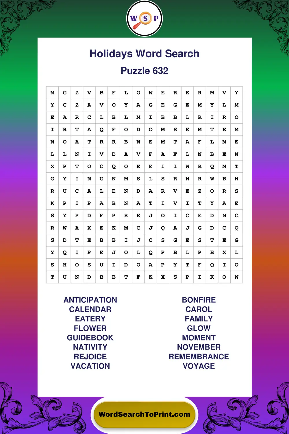 Holidays Word Search Puzzle 632