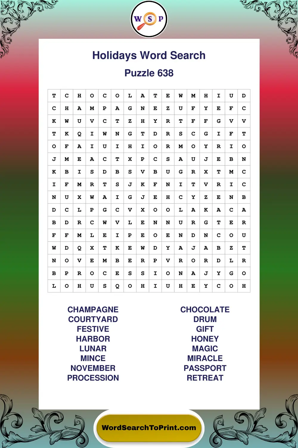 Holidays Word Search Puzzle 638