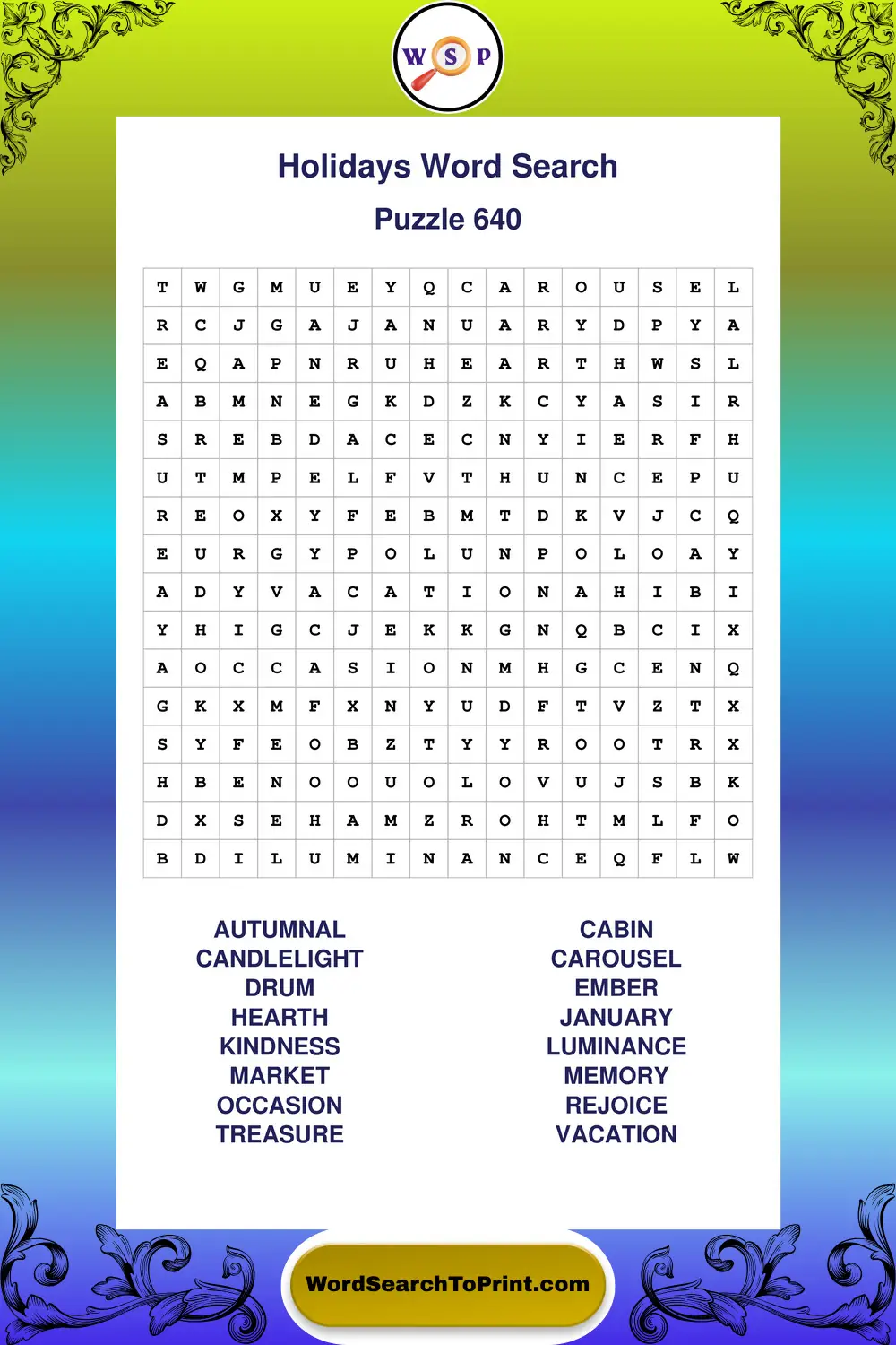 Holidays Word Search Puzzle 640
