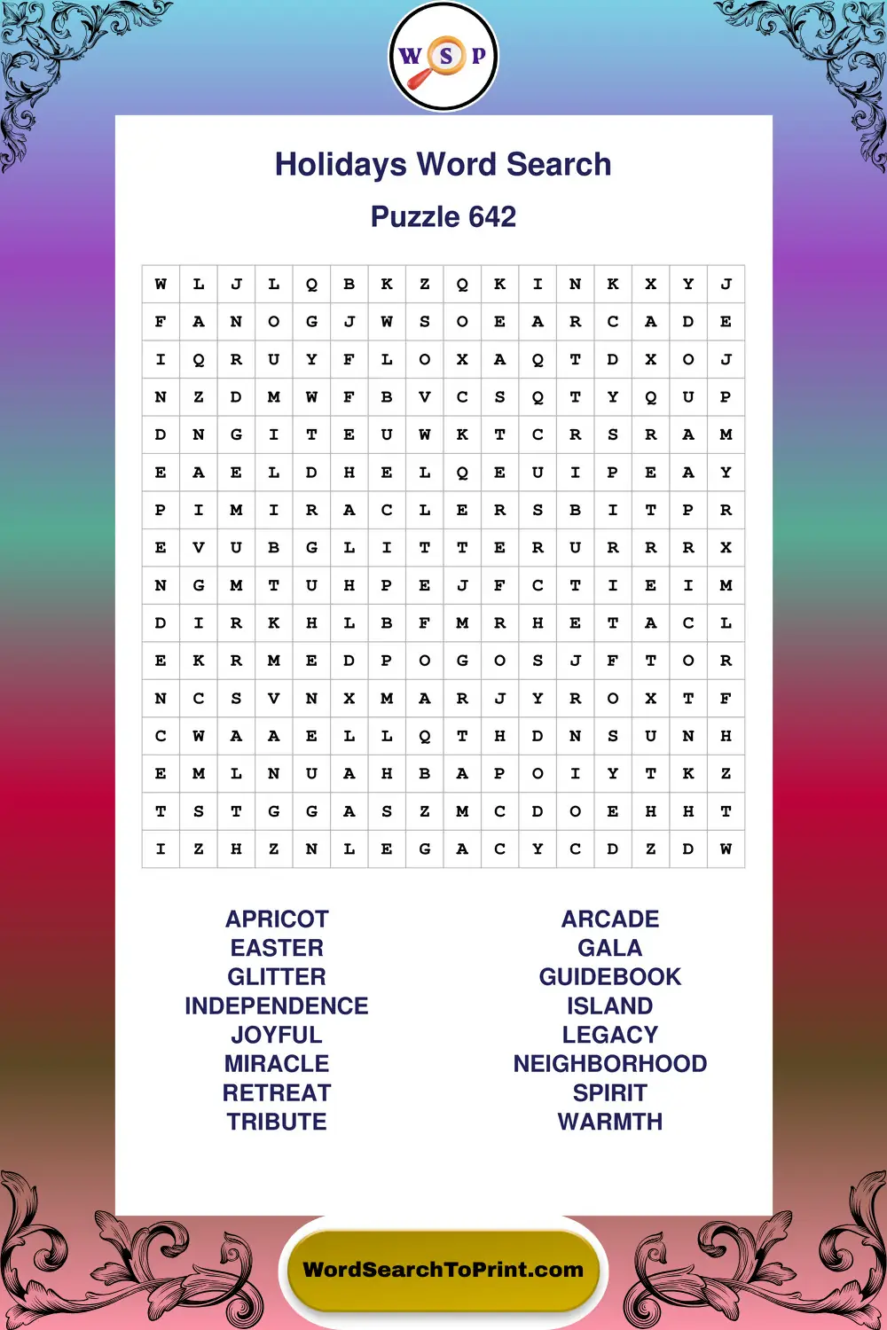 Holidays Word Search Puzzle 642