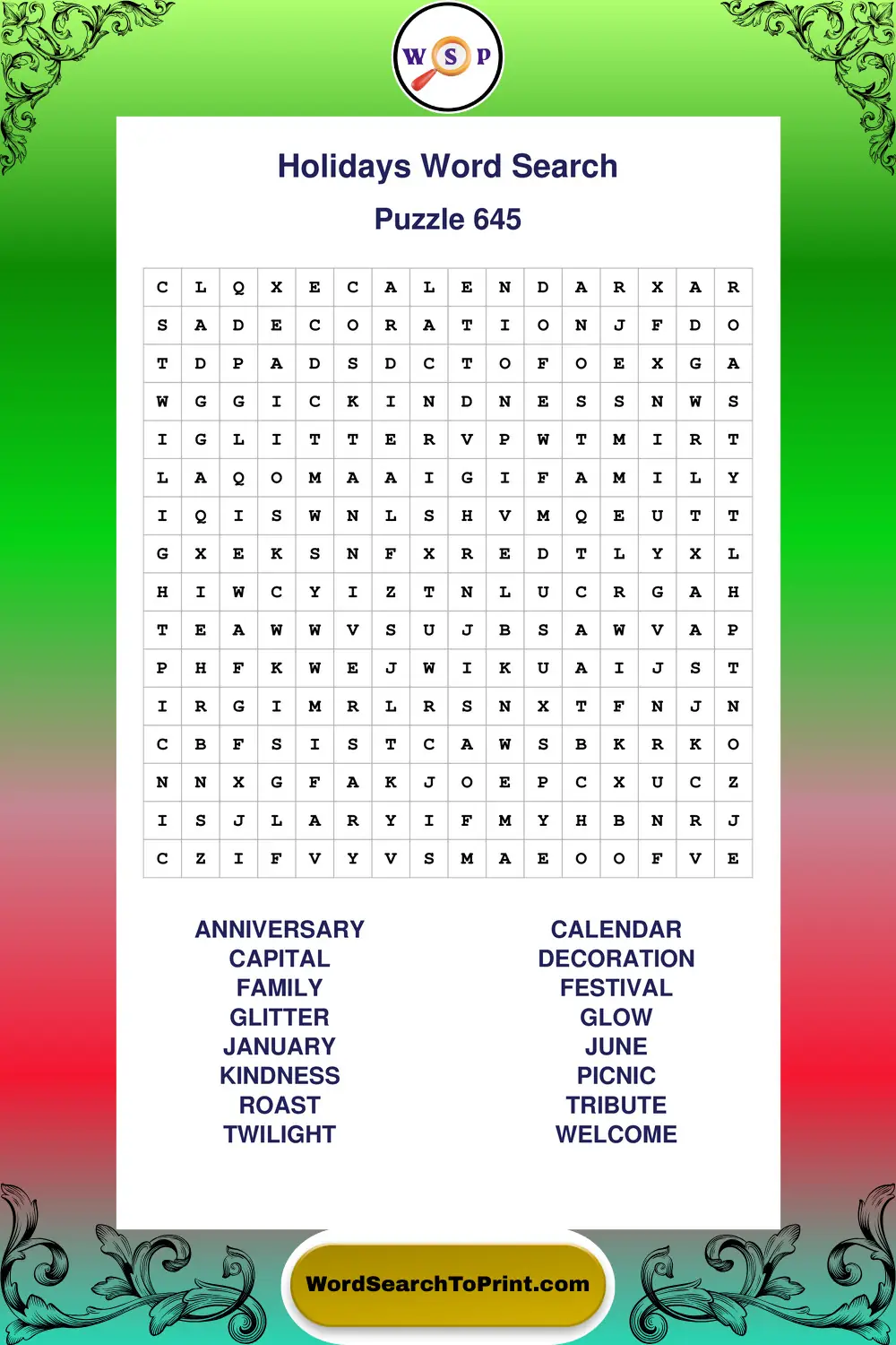 Holidays Word Search Puzzle 645