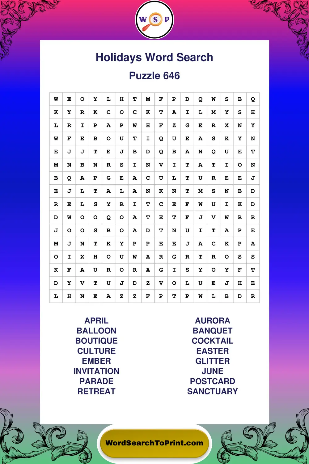 Holidays Word Search Puzzle 646