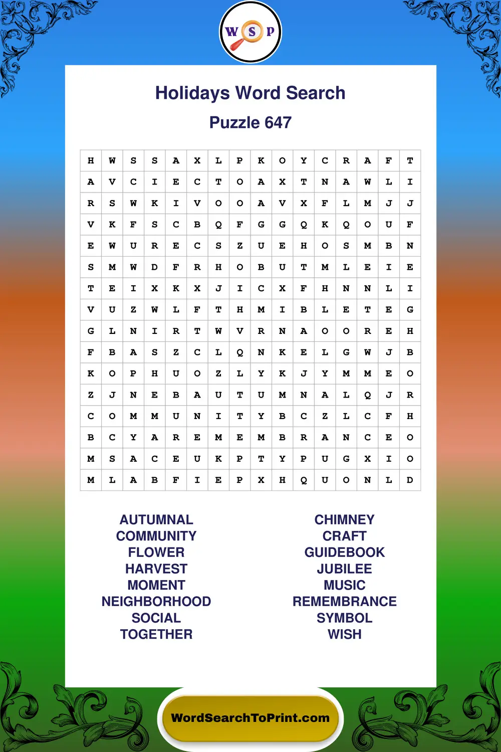 Holidays Word Search Puzzle 647
