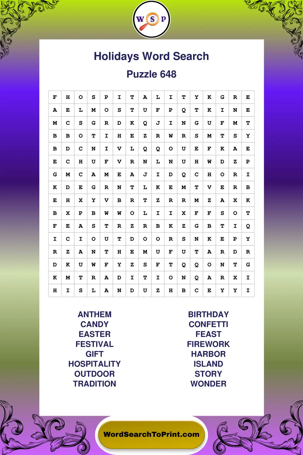 Holidays Word Search Puzzle 648