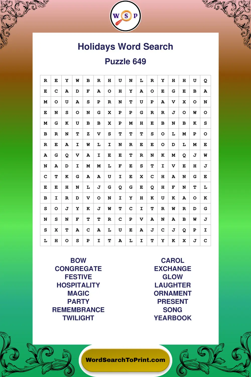 Holidays Word Search Puzzle 649